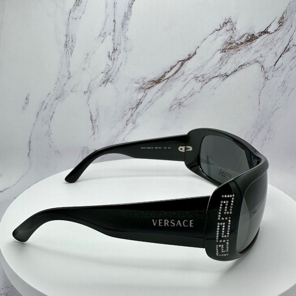 ❌SOLD ❌VERSACE Sunglasses New Black Crystals Logo Authentic Shield Wrap Visor - Picture 9 of 13